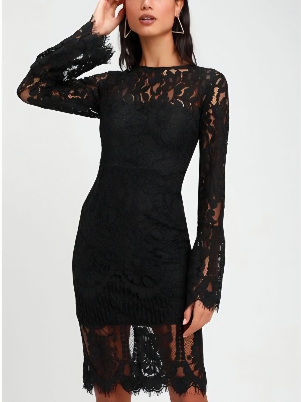 Lulu's -Enrapturing Elegance- Black Long-Sleeve Lace Sheath Dress LARGE